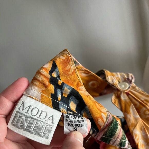 Vintage MODA Intl 90s Mini Dress Abstract Print India Cotton Button Front - Picture 7 of 12